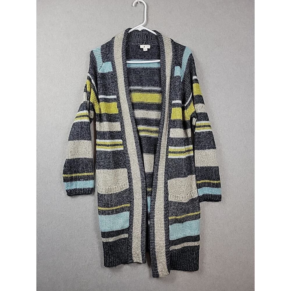 J Jill Wool Blend Multi Color Striped LS Open Duster Cardigan Women's M Pockets